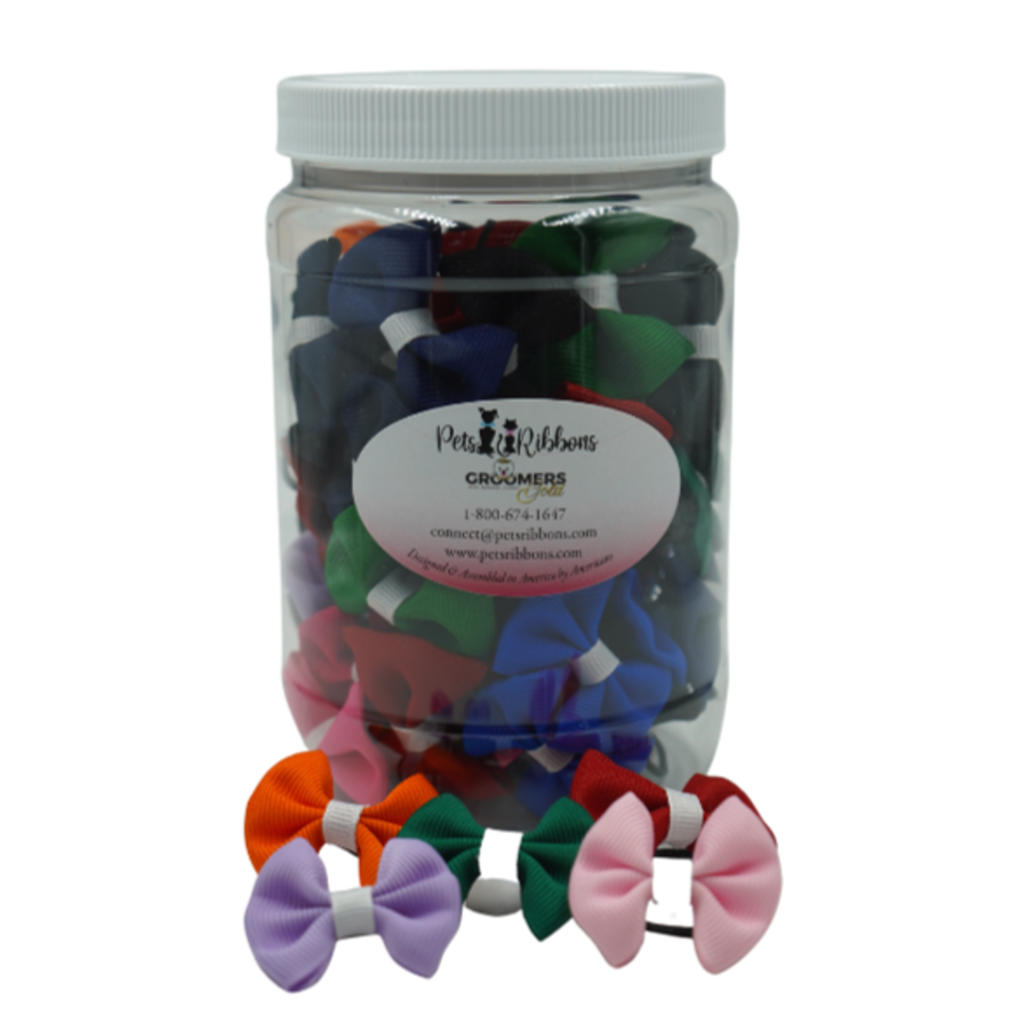 GG101 | 50-100 Assorted White Trim Groomer Dog / cat Bows in Jar|Pets Ribbons