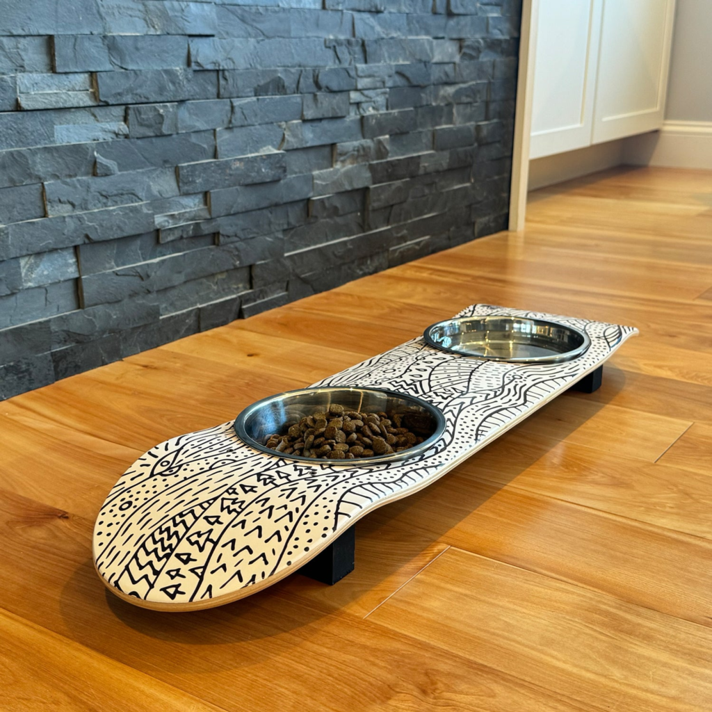 Doodlescape - Elevated Skateboard Cat Feeding Stand with 2 Bowls