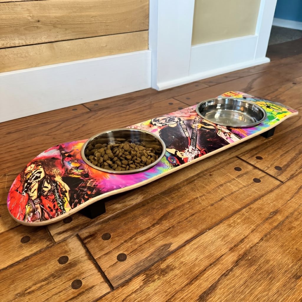 Musical Vibes - Elevated Skateboard Cat Feeding Stand with 2 Bowls